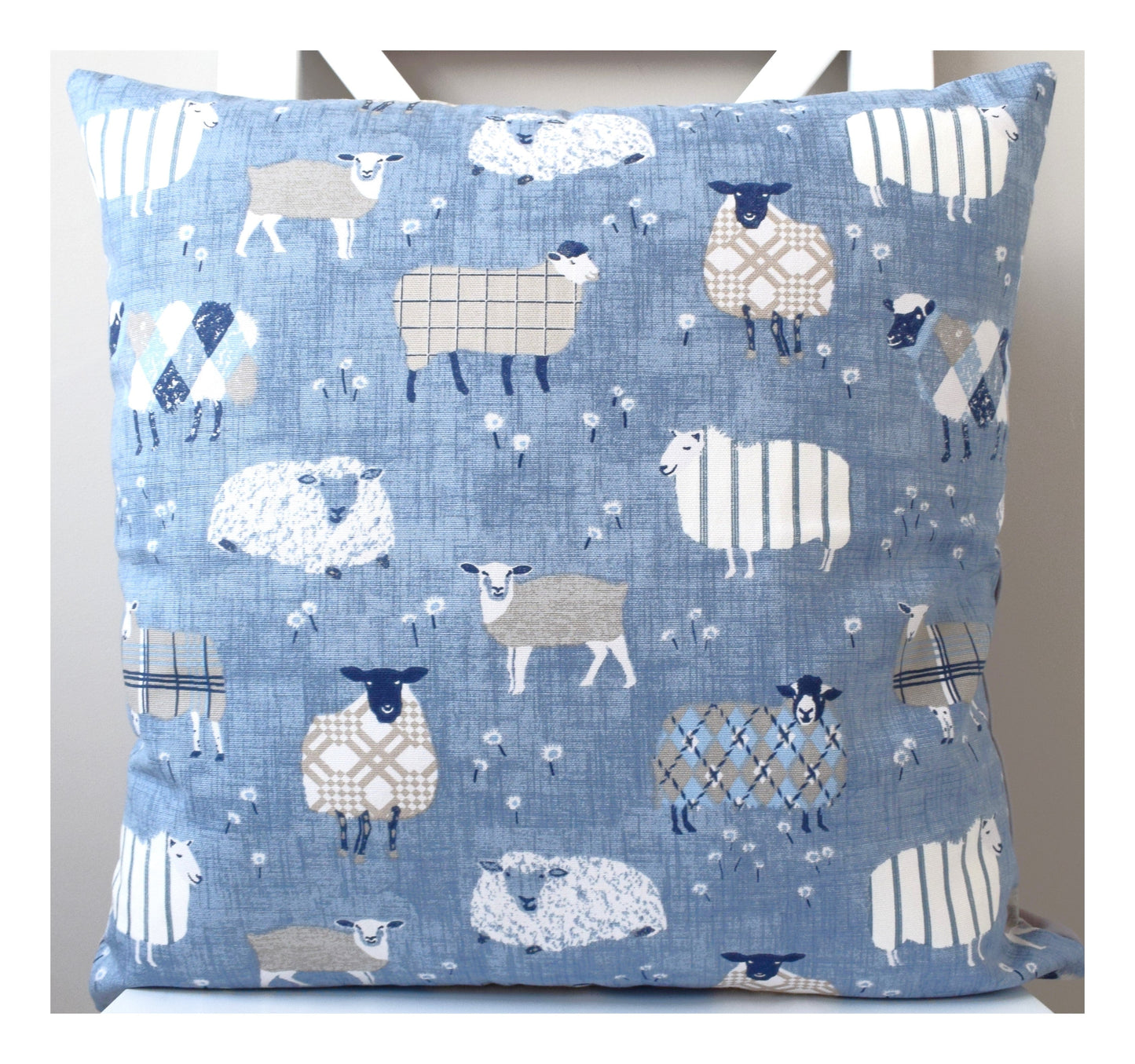 just cushions baa baa cute sheep cushion in sustainable cotton handmade in the uk blue grey and cream