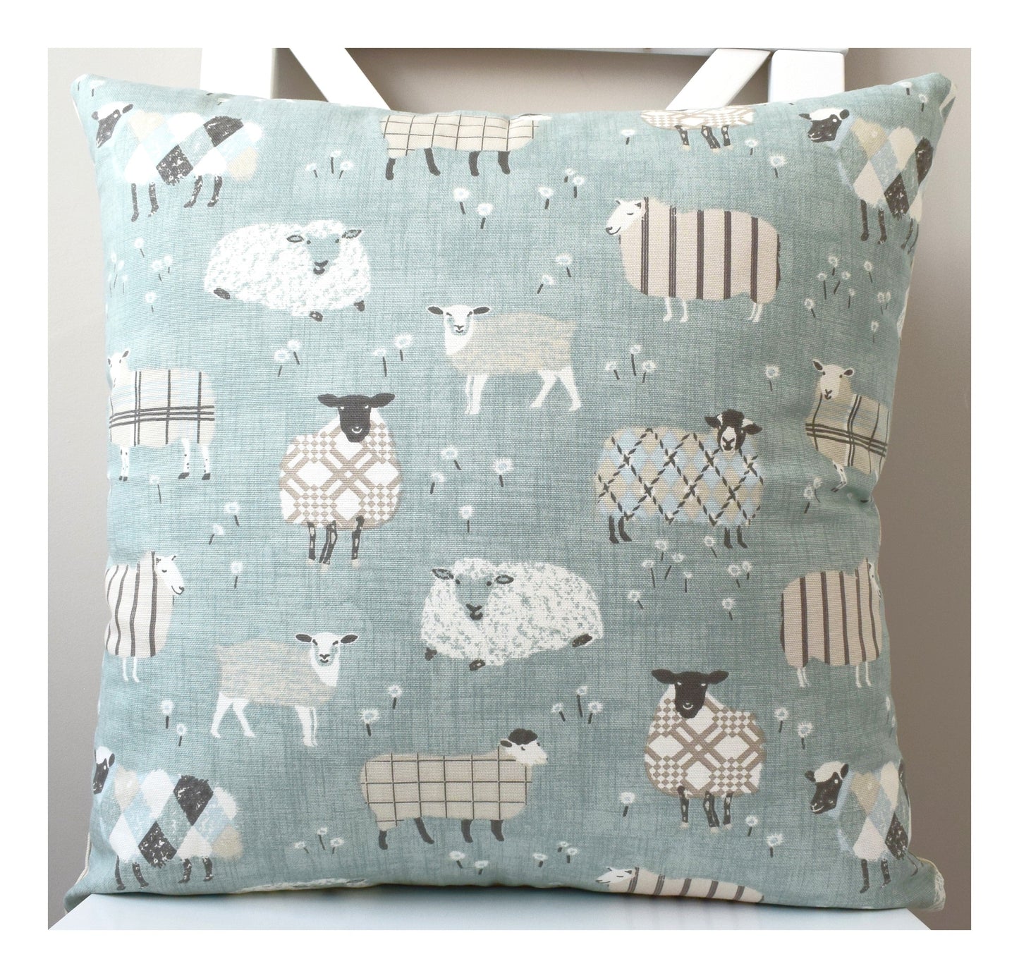 just cushions baa baa cute sheep cushion in sustainable cotton handmade in the uk duck egg blue grey and cream