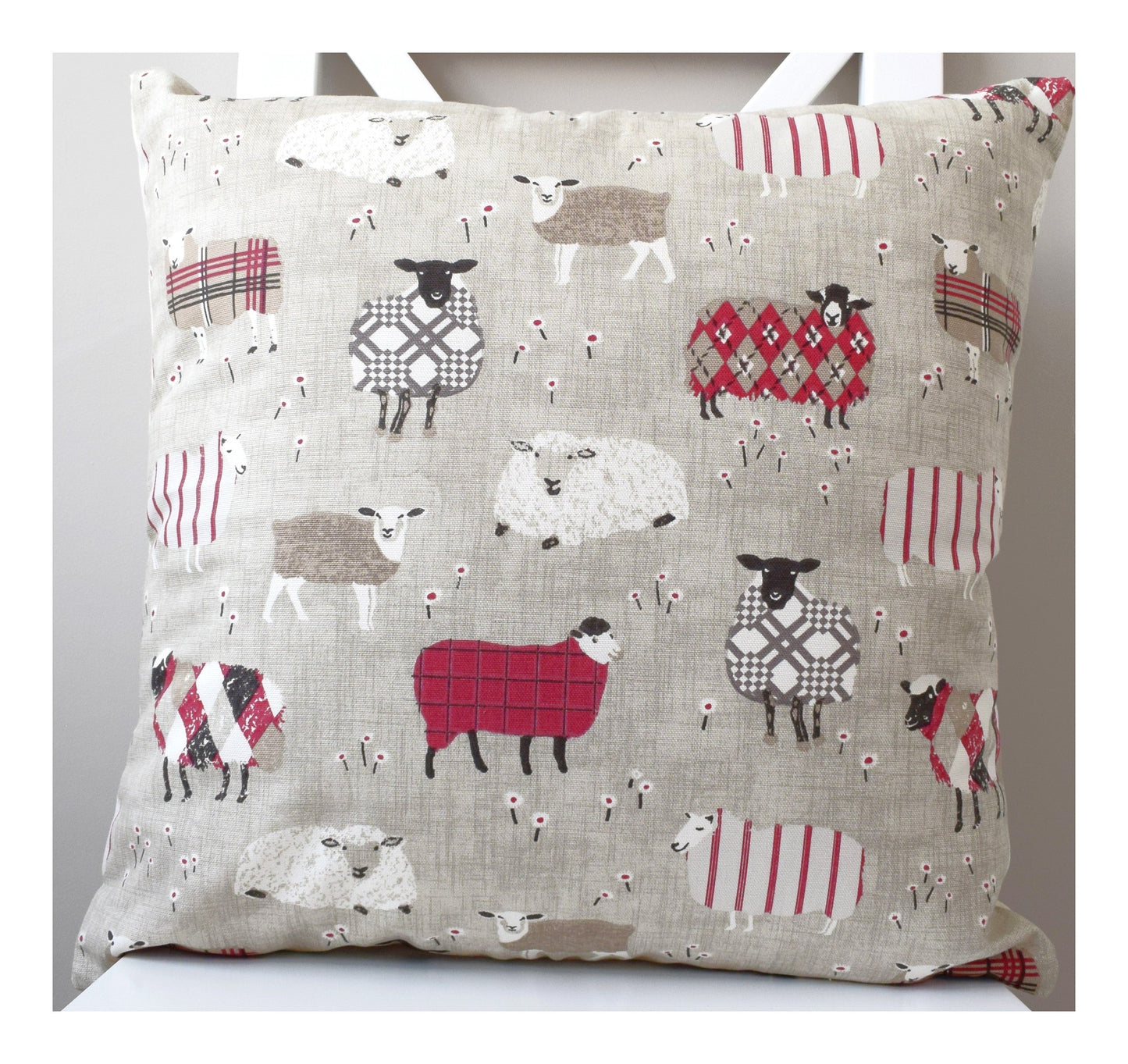 just cushions baa baa cute sheep cushion in sustainable cotton handmade in the uk red grey and cream