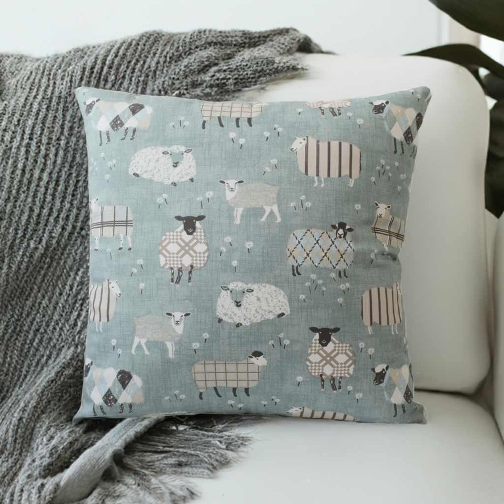just cushions baa baa cute cushion with sheep duck egg blue sustainable 100% cotton cushion handmade in the uk