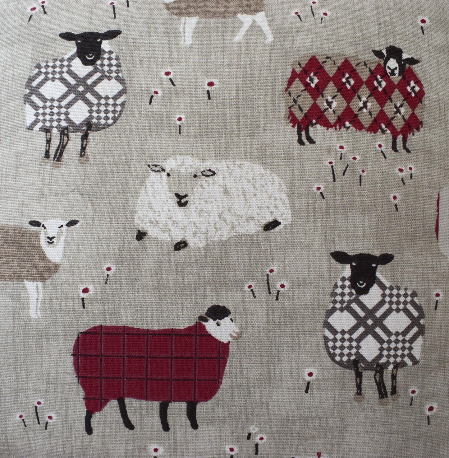 just cushions baa baa cute sheep cushion in sustainable cotton handmade in the uk red grey and cream fabric sample