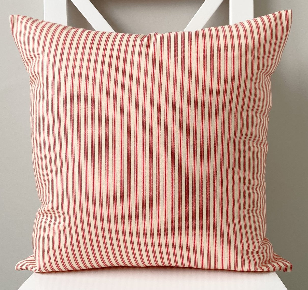 just cushions classic ticking striped cushion red sustainable cotton handmade cushion made in the uk