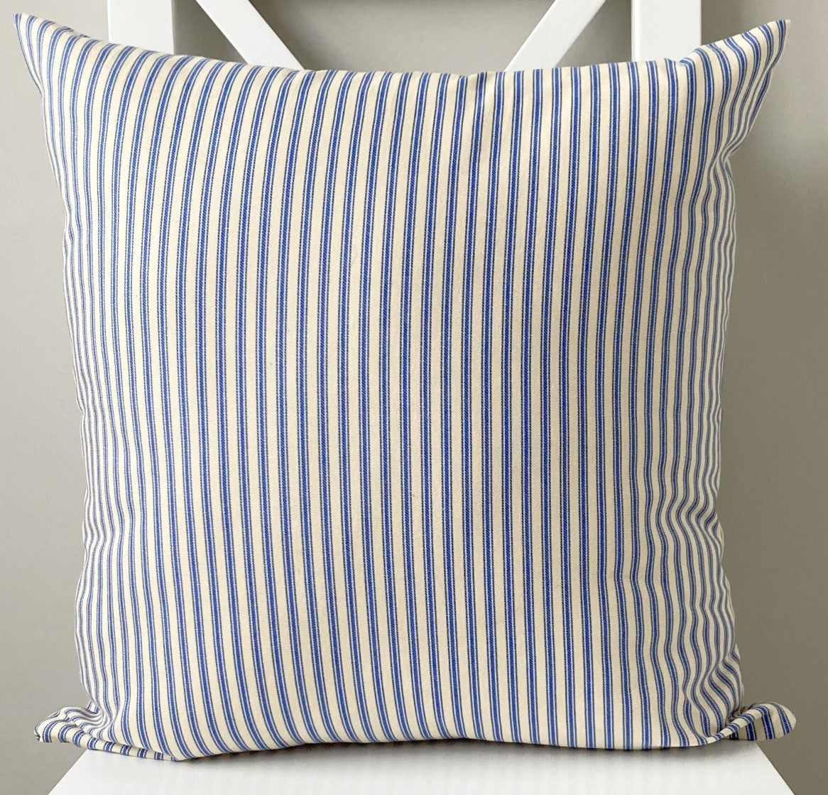 just cushions classic ticking striped cushion royal blue sustainable cotton handmade cushion made in the uk