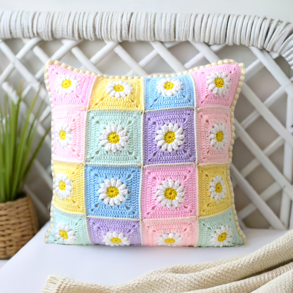 just cushions crochet daisy cushion handmade in the uk white blue pink yellow lilac with bobbles around the edge