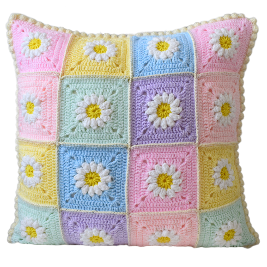 just cushions crochet daisy cushion handmade in the uk granny squares daisy flowers iwhite yellow green pink lilac blue