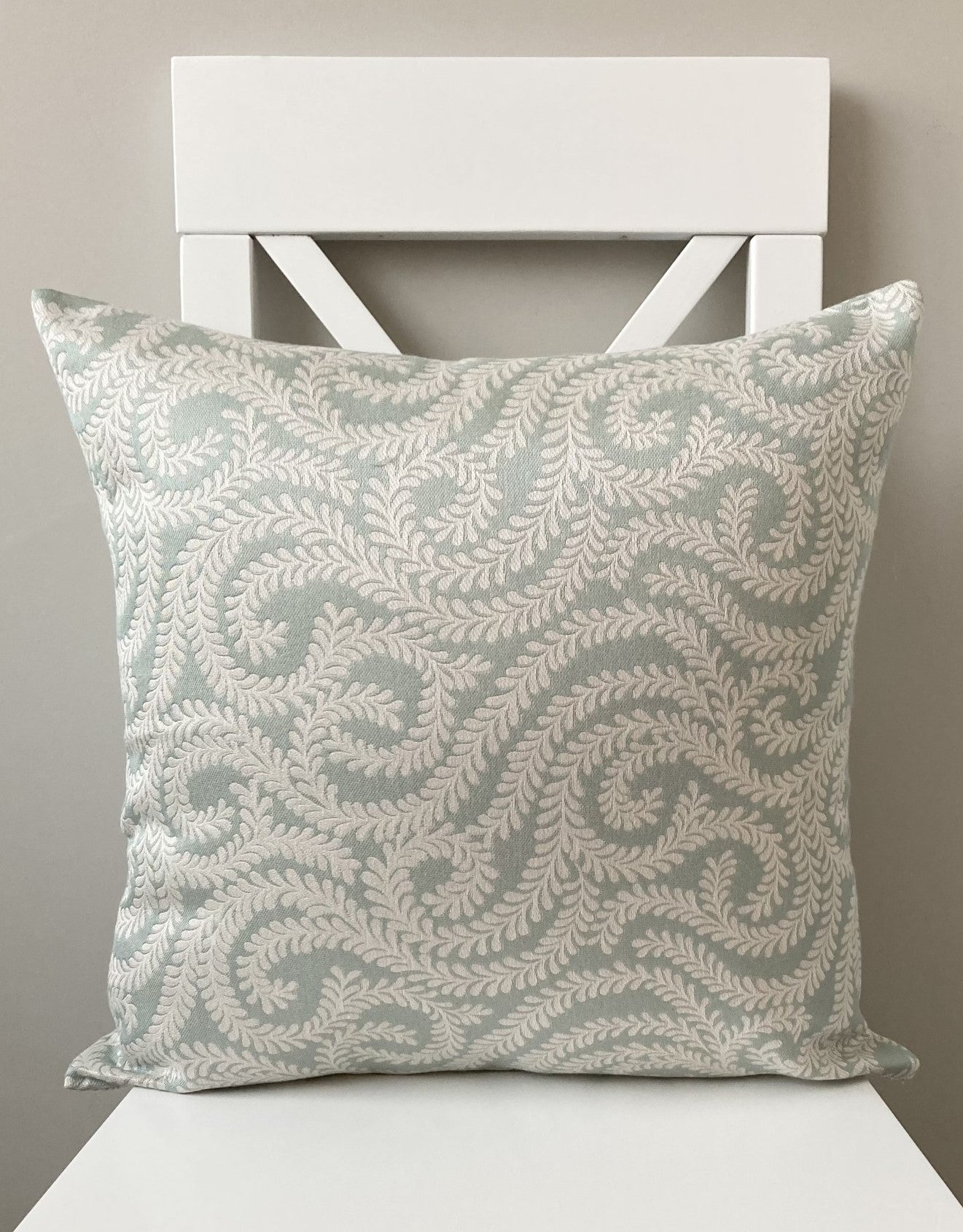 just cushions little leaf patterned cushion handmade in the uk cream duck egg blue