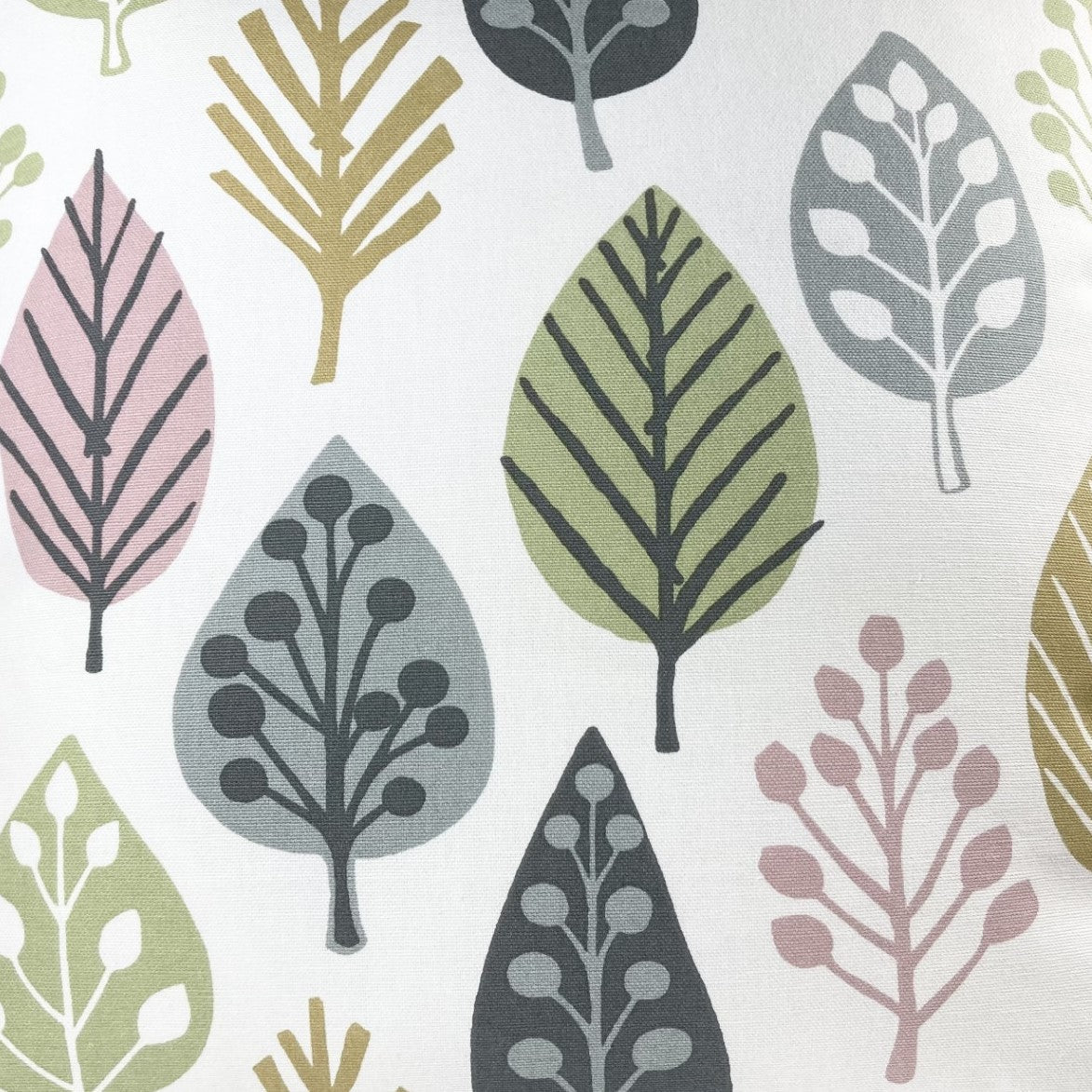 just cushions magda scandi fabric sample for cushion tree and leaf print in pink gold green and grey handmade in the uk