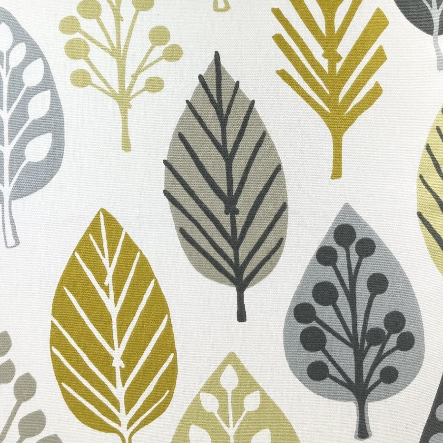 just cushions magda scandi fabric sample for cushion tree and leaf print in ochre yellow gold and grey handmade in the uk