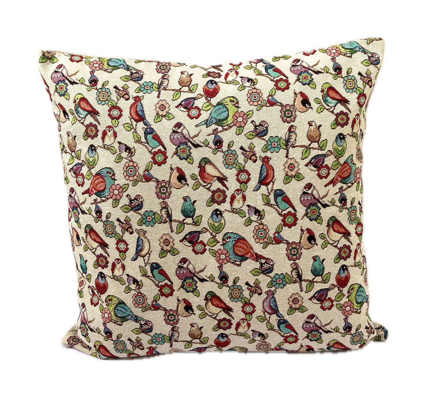just cushions tapestry cushion large 20" square sweet birds on branches with colourful flowers. tapestry front plain cream back