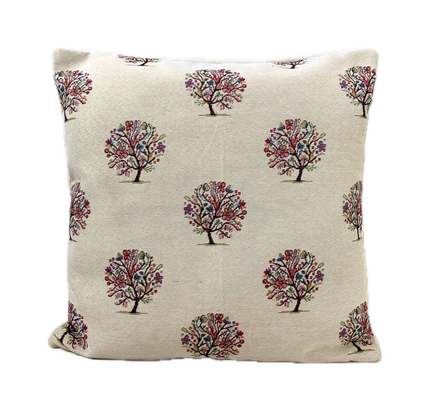 just cushions tapestry cushion scion style trees with colourful flowers on cream background woven fabric handmade in the uk