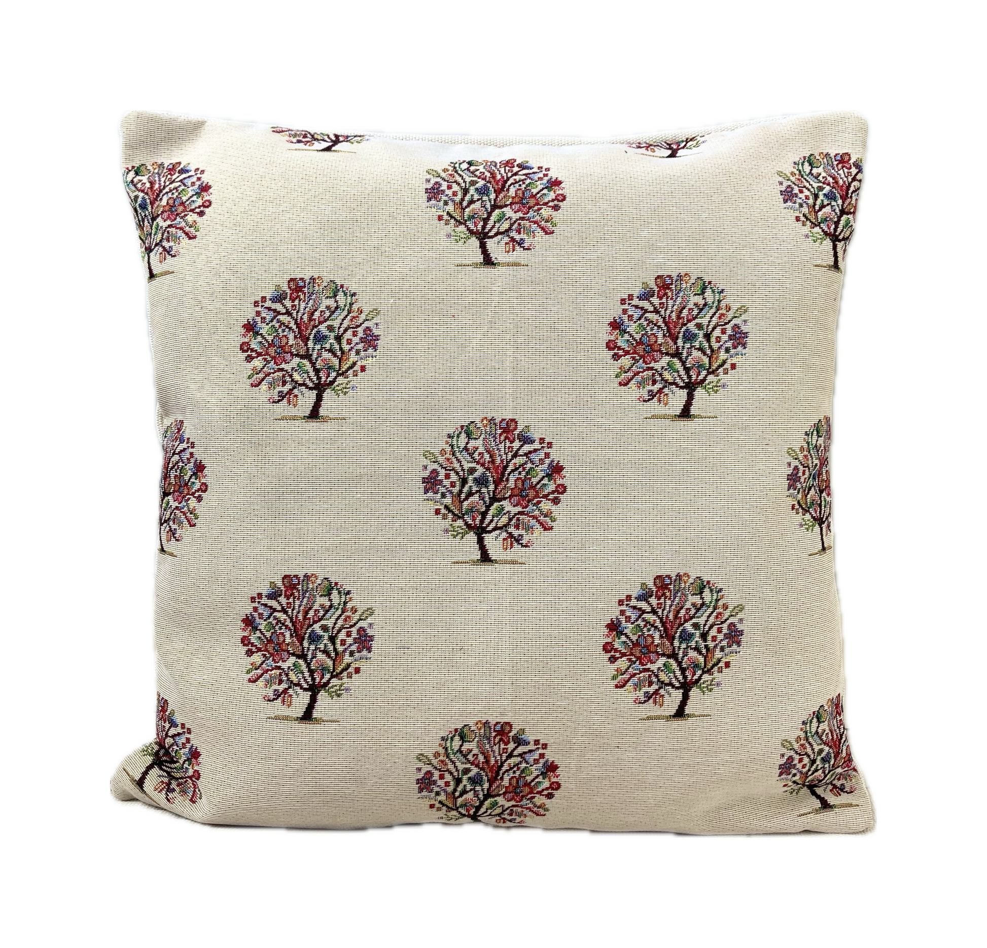 just cushions tapestry cushion scion style trees with colourful flowers on cream background woven fabric handmade in the uk