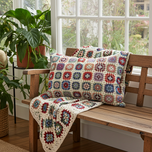 just cushions rectangular colourful granny square tapestry cushion