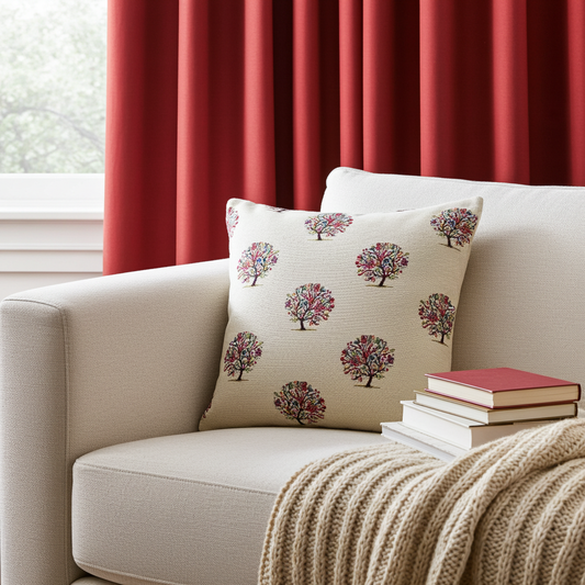 just cushions square tapestry cushion with colourful trees on a cream background