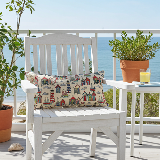 just cushions seaside themed tapestry cushion rectangular with pattern of beach huts lighthouses and boats