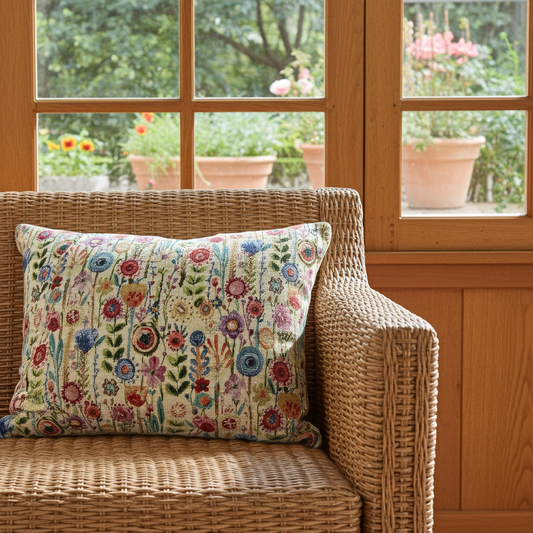 just cushions rectangular tapestry fabric cushion with brightly coloured wildflower pattern