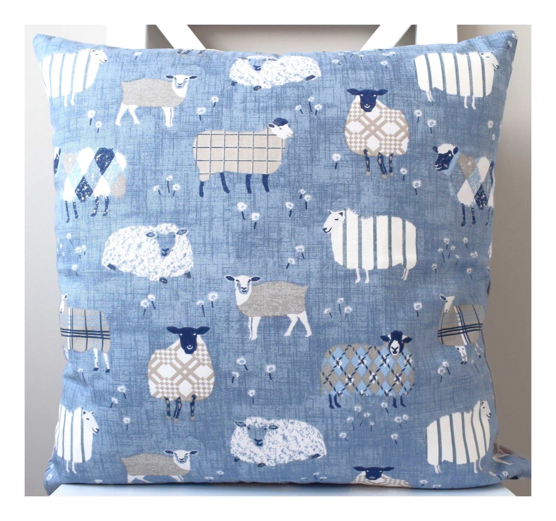 just cushions baa baa cute sheep cushion in sustainable cotton handmade in the uk  blue grey and cream