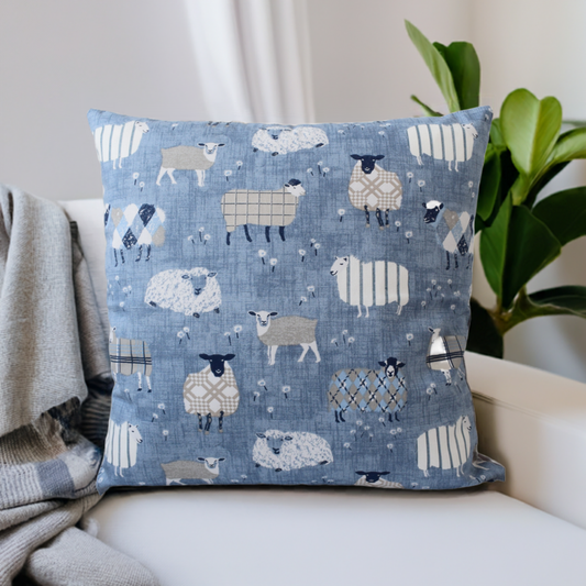 just cushions baa baa cute sheep cushion denim blue white and grey handmade in uk country decor baby cushion