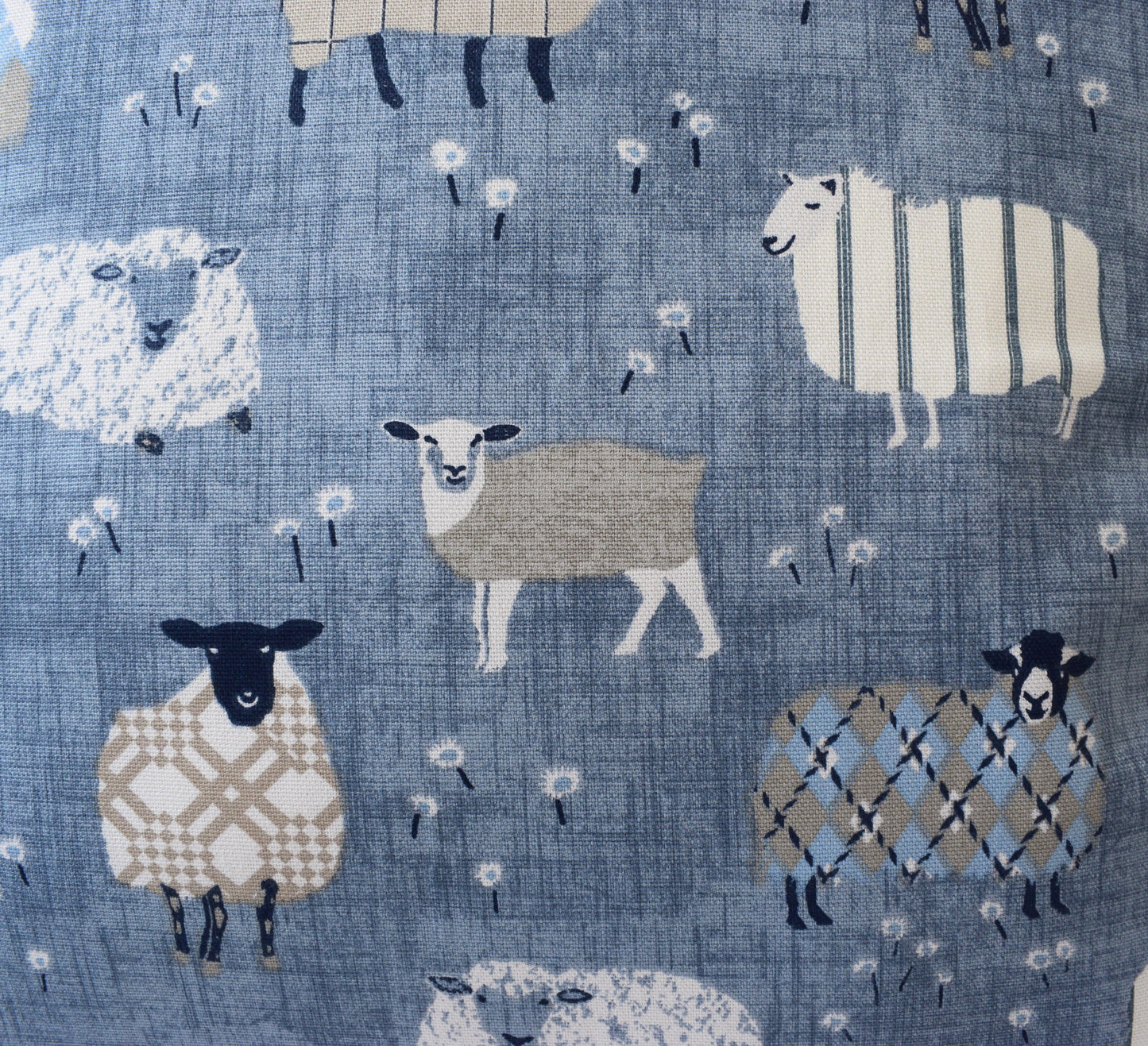 just cushions baa baa cute sheep cushion in sustainable cotton handmade in the uk blue grey and cream fabric sample