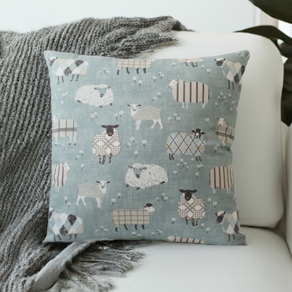 just cushions baa baa cute cushion with sheep duck egg blue sustainable 100% cotton cushion handmade in the uk