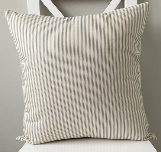 just cushions classic ticking striped cushion light blue sustainable cotton handmade cushion made in the uk
