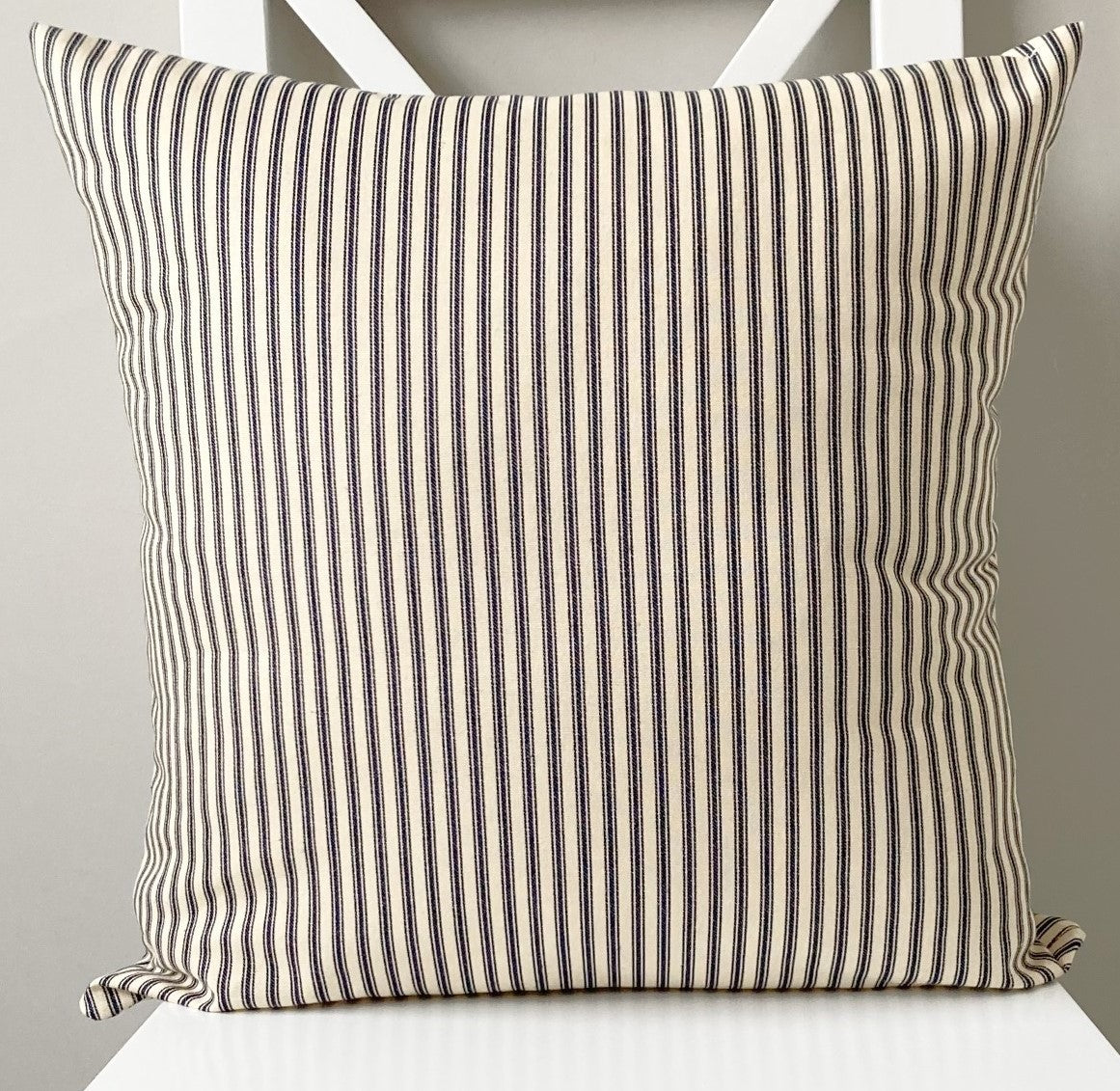 just cushions classic ticking striped cushion navy blue sustainable cotton handmade cushion made in the uk 
