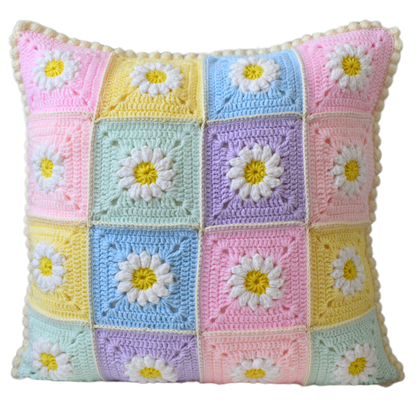 just cushions crochet daisy cushion handmade in the uk granny squares daisy flowers iwhite yellow green pink lilac blue
