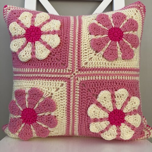 just cushions square crochet cushions with a pink retro daisy panel pattern