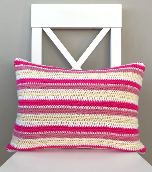 just cushions crochet rectangular cushion in pink cream and white stripes