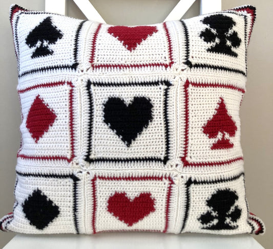just cushions square crochet cushion with playing cards in a granny squares pattern in black red and white
