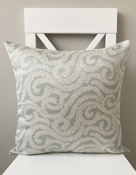 just cushions little leaf patterned cushion handmade in the uk cream duck egg blue