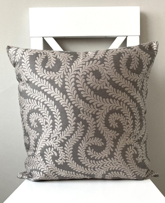 just cushions little leaf patterned cushion handmade in the uk cream grey