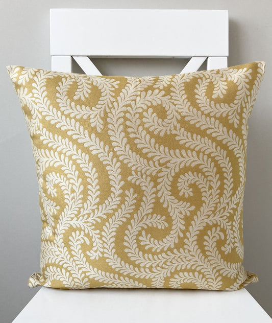 just cushions little leaf patterned cushion handmade in the uk cream ochre yellow