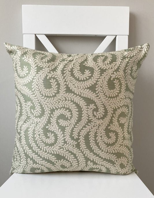 just cushions little leaf patterned cushion handmade in the uk cream light green