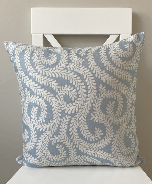 just cushions little leaf patterned cushion handmade in the uk cream light blue