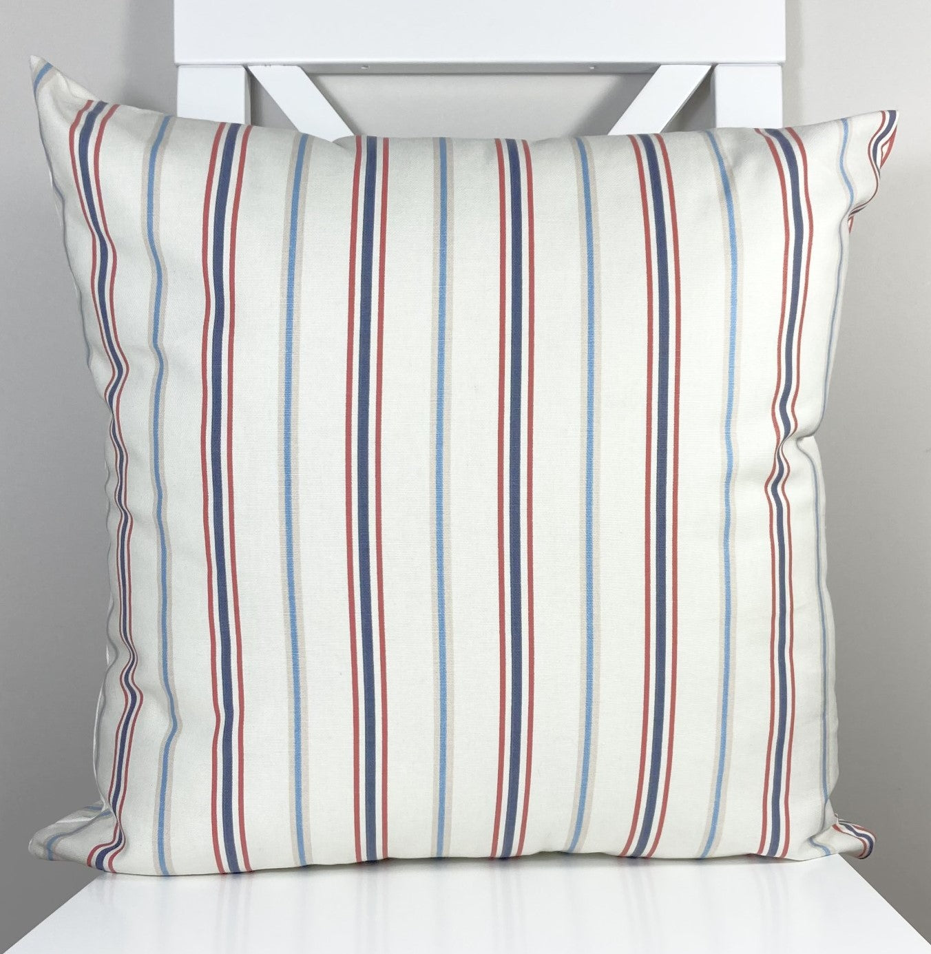 just cushions salcombe stripe cushion sustainable cotton handmade in the uk multi coloured stripe red navy cream