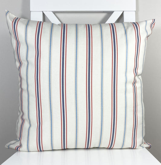 just cushions salcombe stripe cushion sustainable cotton handmade in the uk multi coloured stripe red navy cream
