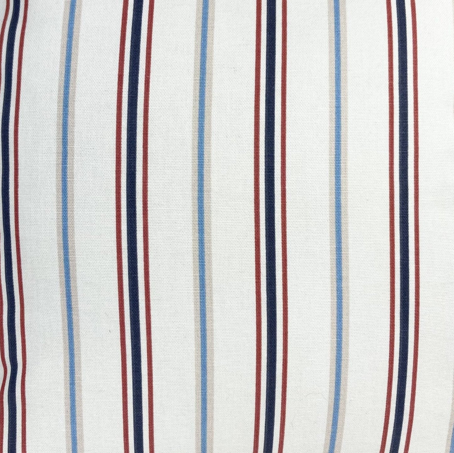 just cushions salcombe stripe cushion sustainable cotton handmade in the uk multi coloured stripe red navy cream fabric sample