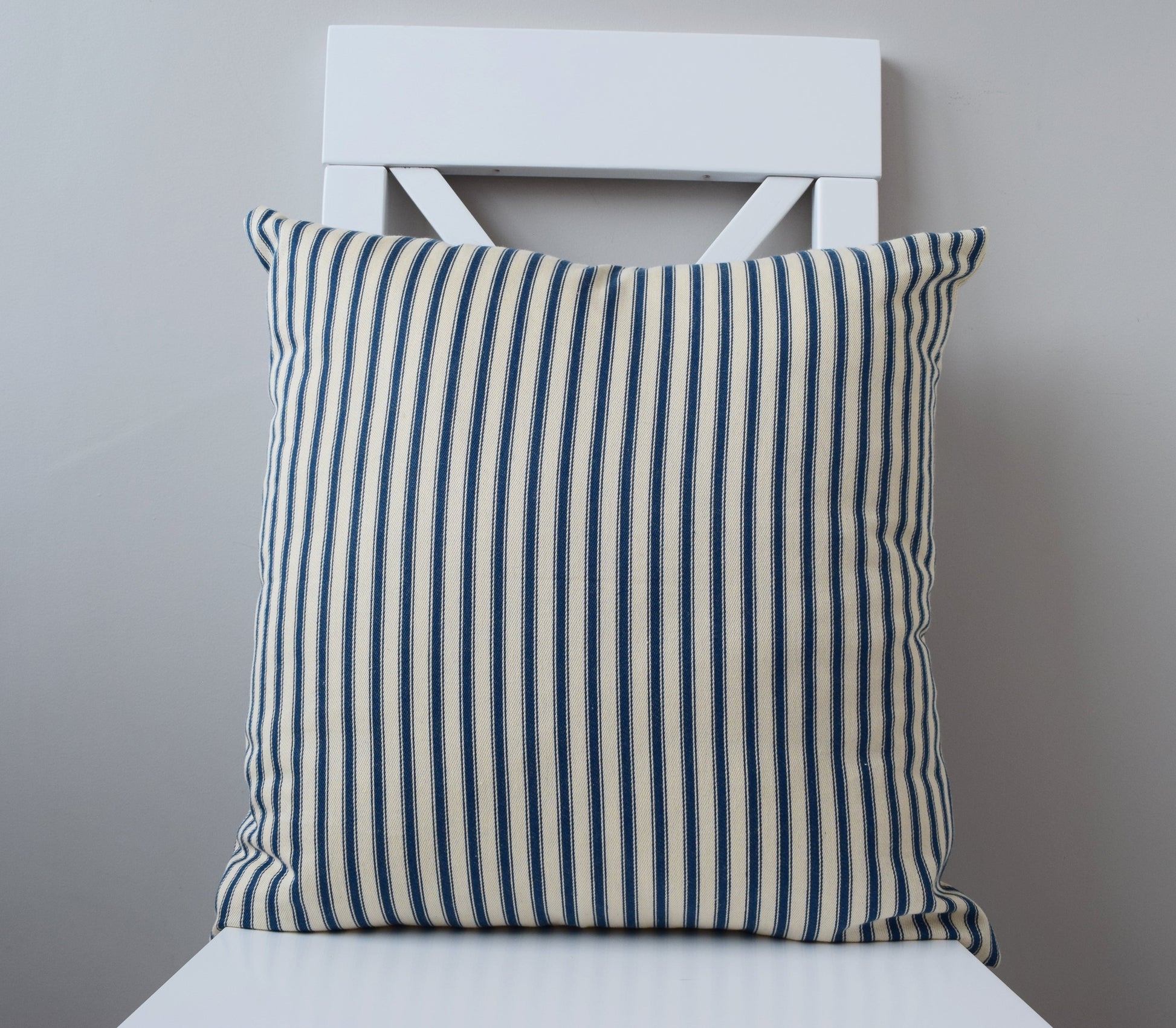 just cushions soft ticking striped cushion navy blue sustainable cotton handmade cushion made in the uk