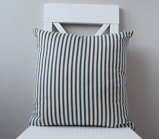 just cushions soft ticking striped cushion navy blue sustainable cotton handmade cushion made in the uk
