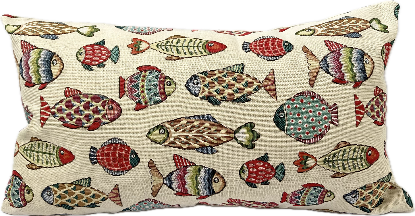 just cushions tapestry cushion colourful fish on cream background woven fabric oblong cushions handmade in the uk