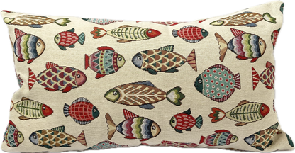 just cushions tapestry cushion colourful fish on cream background woven fabric oblong cushions handmade in the uk