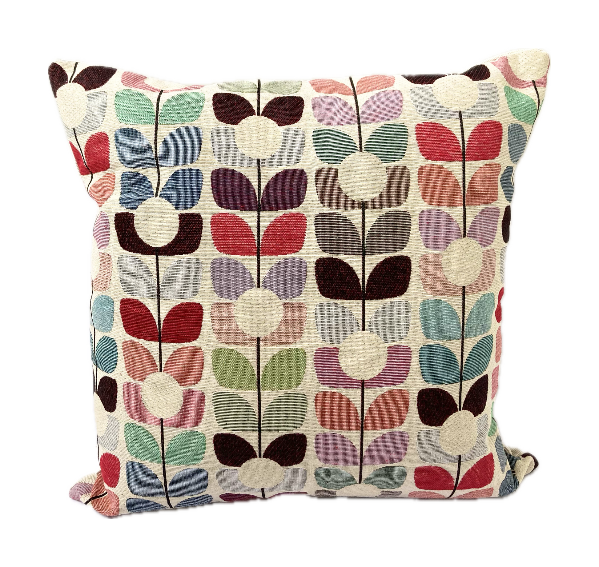 just cushions tapestry cushion colourful geometric flowers on stems cream background large square cushion made in the uk