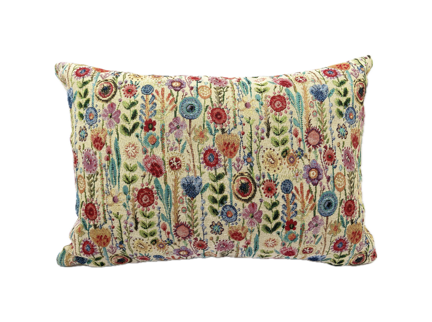 just cushions tapestry cushion colourful wildflowers on cream background woven fabric oblong cushions handmade in the uk