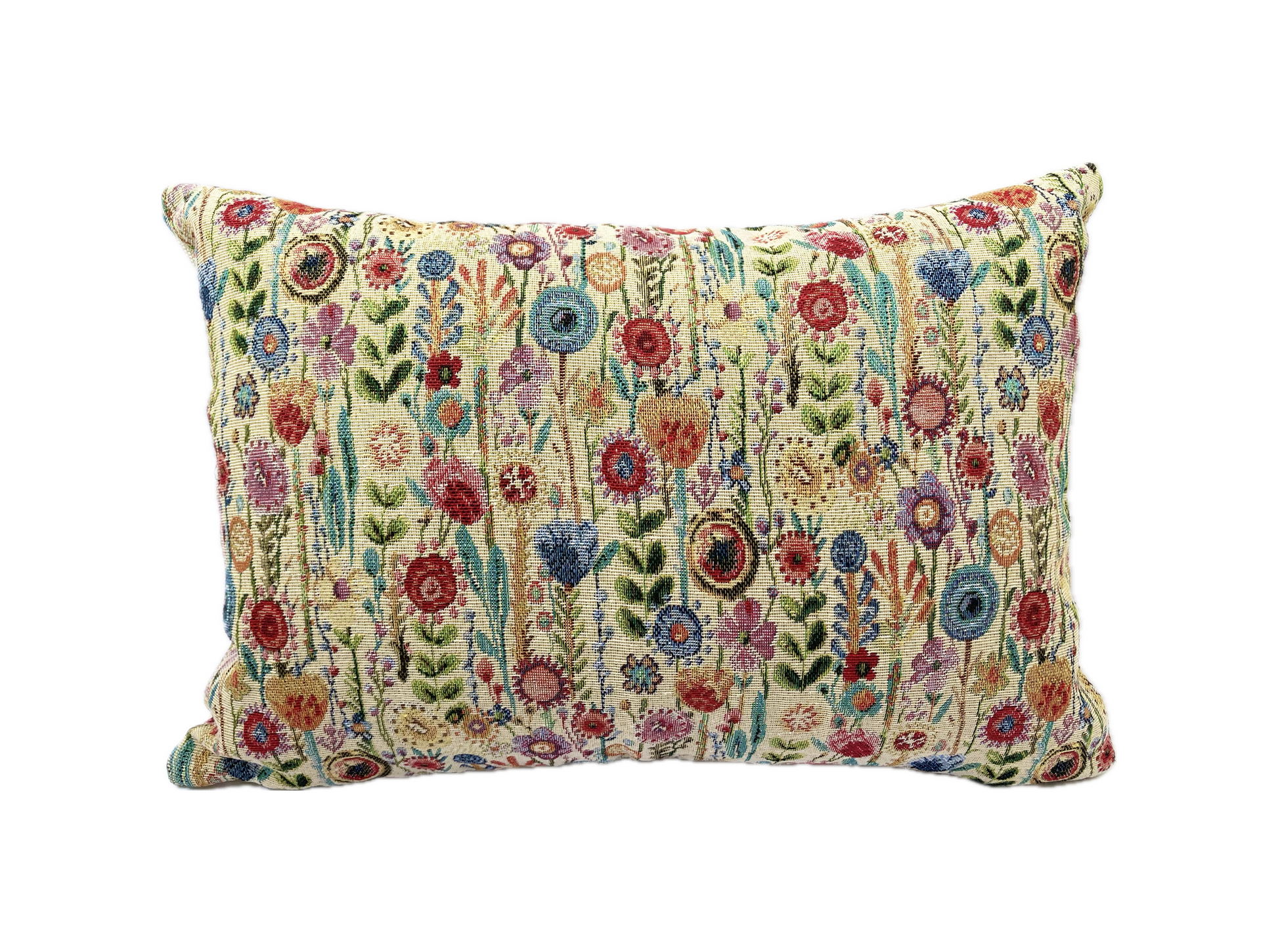just cushions tapestry cushion colourful wildflowers on cream background woven fabric oblong cushions handmade in the uk